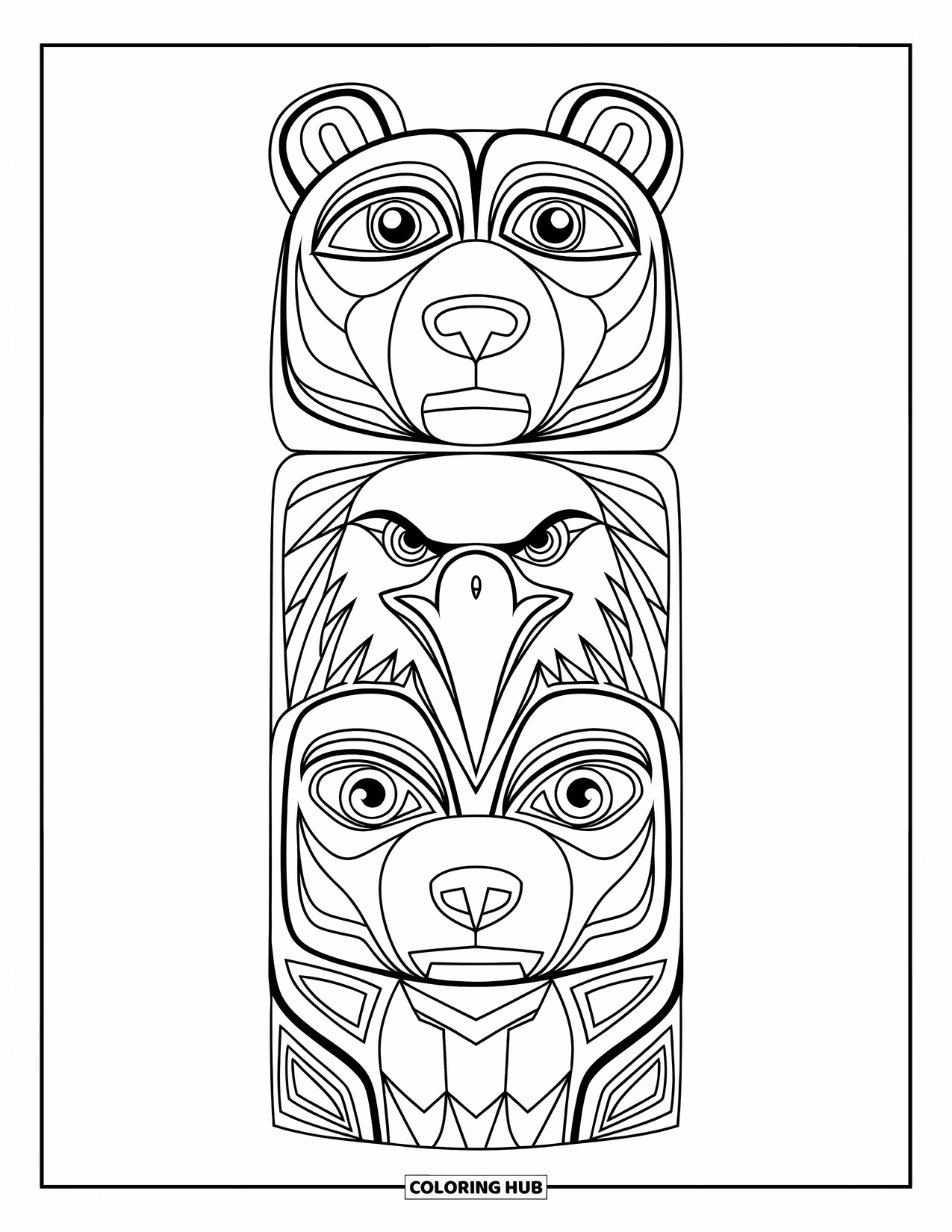 Totem Coloring Page for Kids: A bear, eagle, and wolf stack as bold faces on a totem