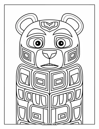 Totem målarbild för barn: Ett björnansikte sitter bland geometriska sniderier på en totemstolpe