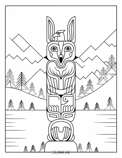 Totem målarbild för barn: En totem med två djur visar en varg och örn framför bergstoppar