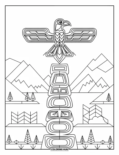 Totem målarbild för barn: En stolpe i fyra nivåer har en åskfågel ovanför geometriska djursniderier