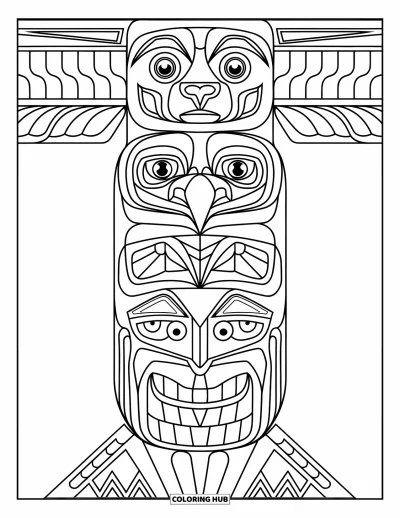 Totem målarbild för barn: En förskoletotem visar en björn, örn och lax staplade på varandra