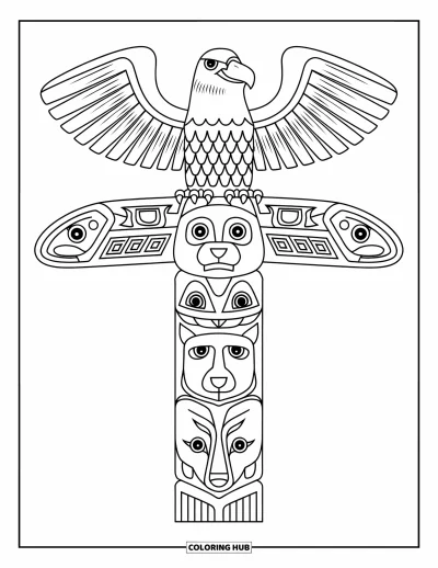 Totem målarbild för barn: En kort totemstolpe har en leende örn med djursniderier