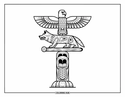 Totem målarbild för barn: En texturerad totem visar en varg, örn och bäver på toppen
