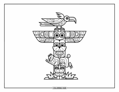 Totem målarbild för barn: En åskfågel, björn och groda sitter på en enkel vertikal totem