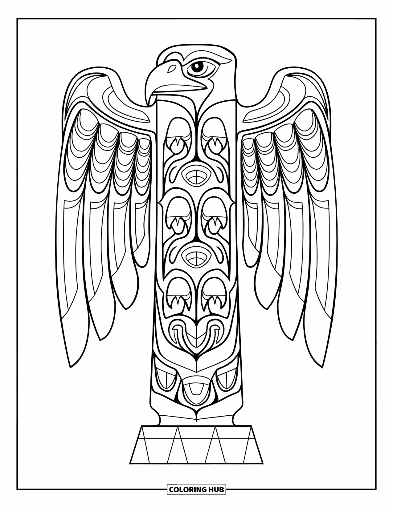 Totem Coloring Page for Kids: A totem pole base displays eagle wings and claw carvings