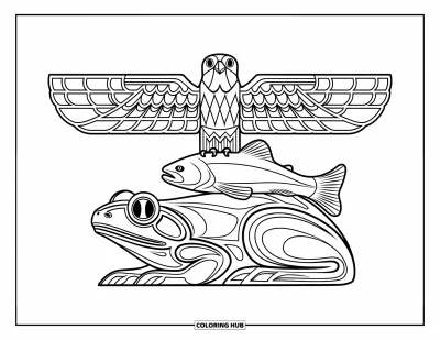 Totem målarbild för barn: En totemstolpe visar en groda, lax och åskfågel staplade tillsammans