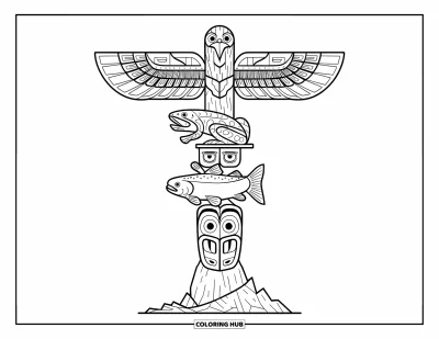 Totem målarbild för barn: En totemstolpe visar en groda, lax och åskfågel med öppna vingar
