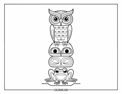 Totem målarbild för barn: En storögd uggla och groda bildar sektioner av en totemstolpe