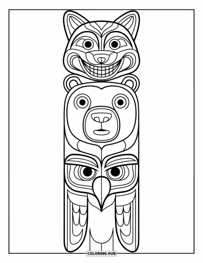 Totem målarbild för barn: En varg, björn och örn staplas vertikalt på en enkel stolpe