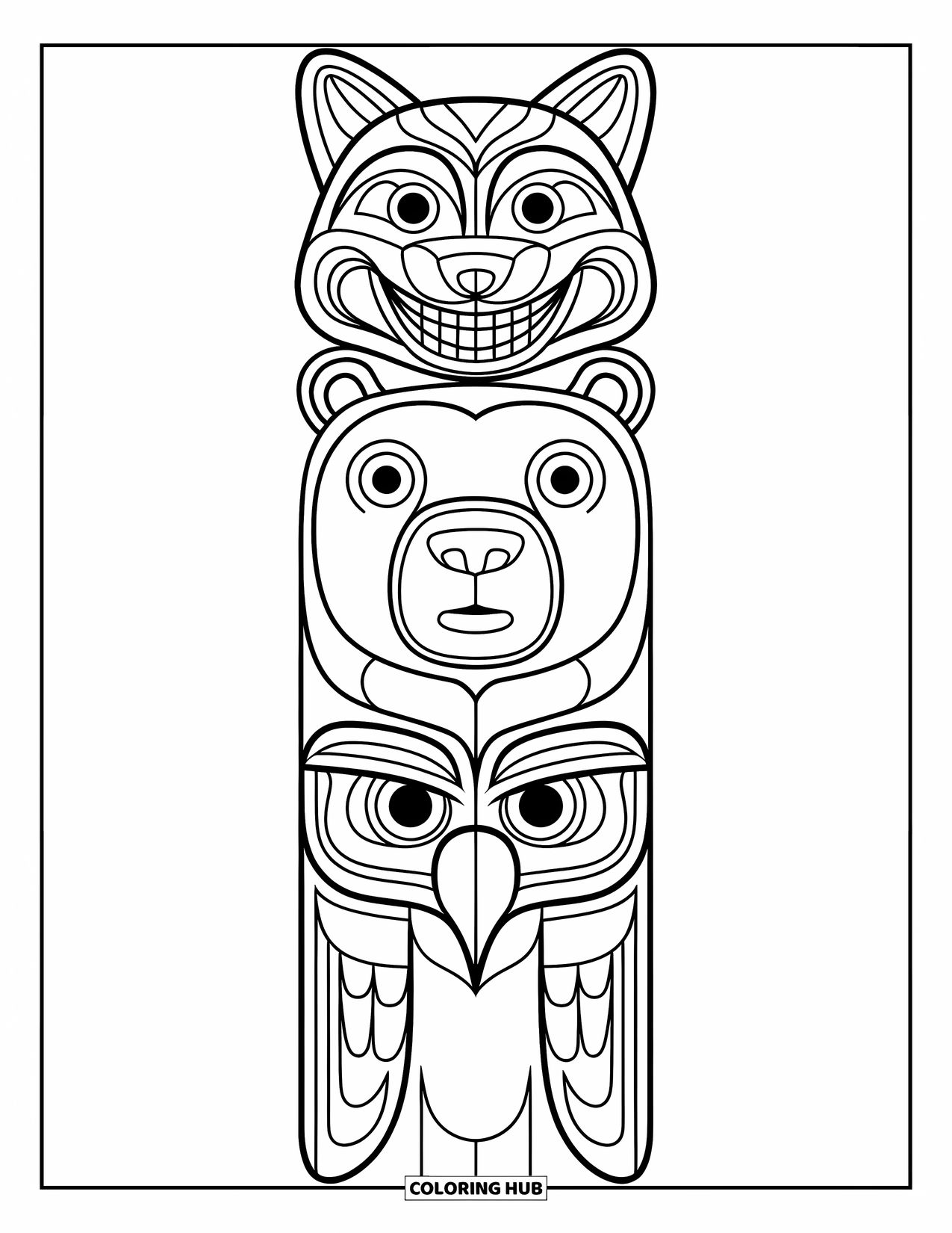 Totem Coloring Page for Kids: A wolf, bear, and eagle face stack vertically on a simple pole