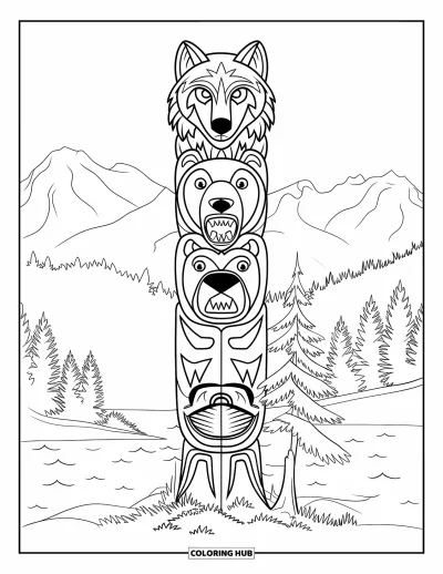 Totem målarbild för barn: En varg, björn och lax staplas på en totem av cederträ