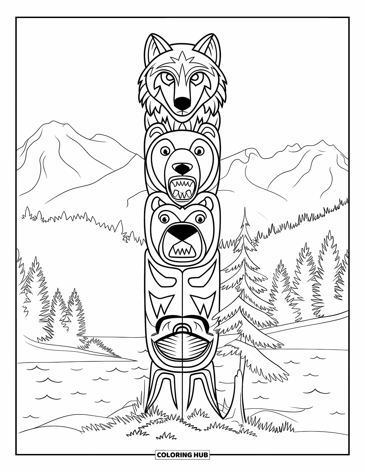 Totem Coloring Page for Kids: A wolf, bear, and salmon stack on a cedar tree totem