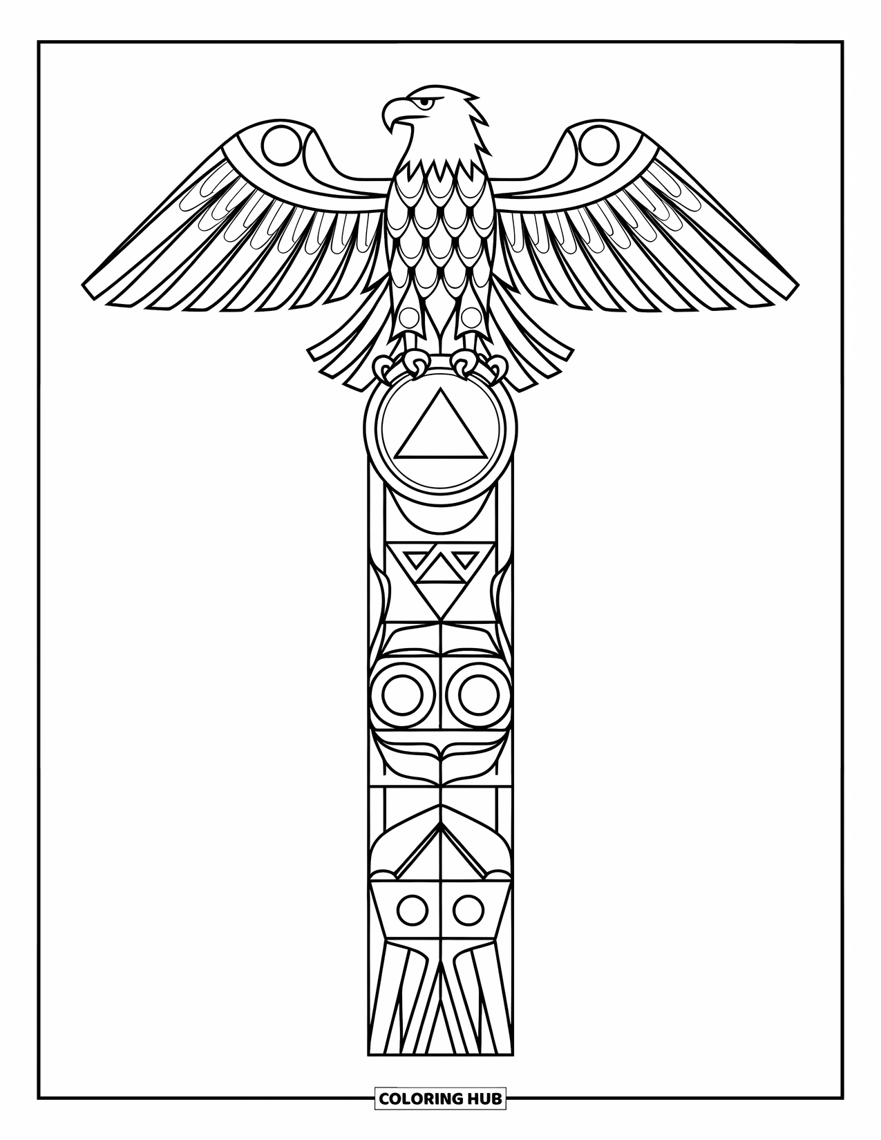 Totem Coloring Page for Kids: An eagle sits above circular and triangular carvings on a pole