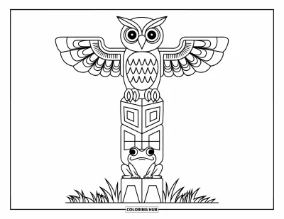 Totem målarbild för barn: En uggla och groda sitter på en enkel, förskolvänlig totem