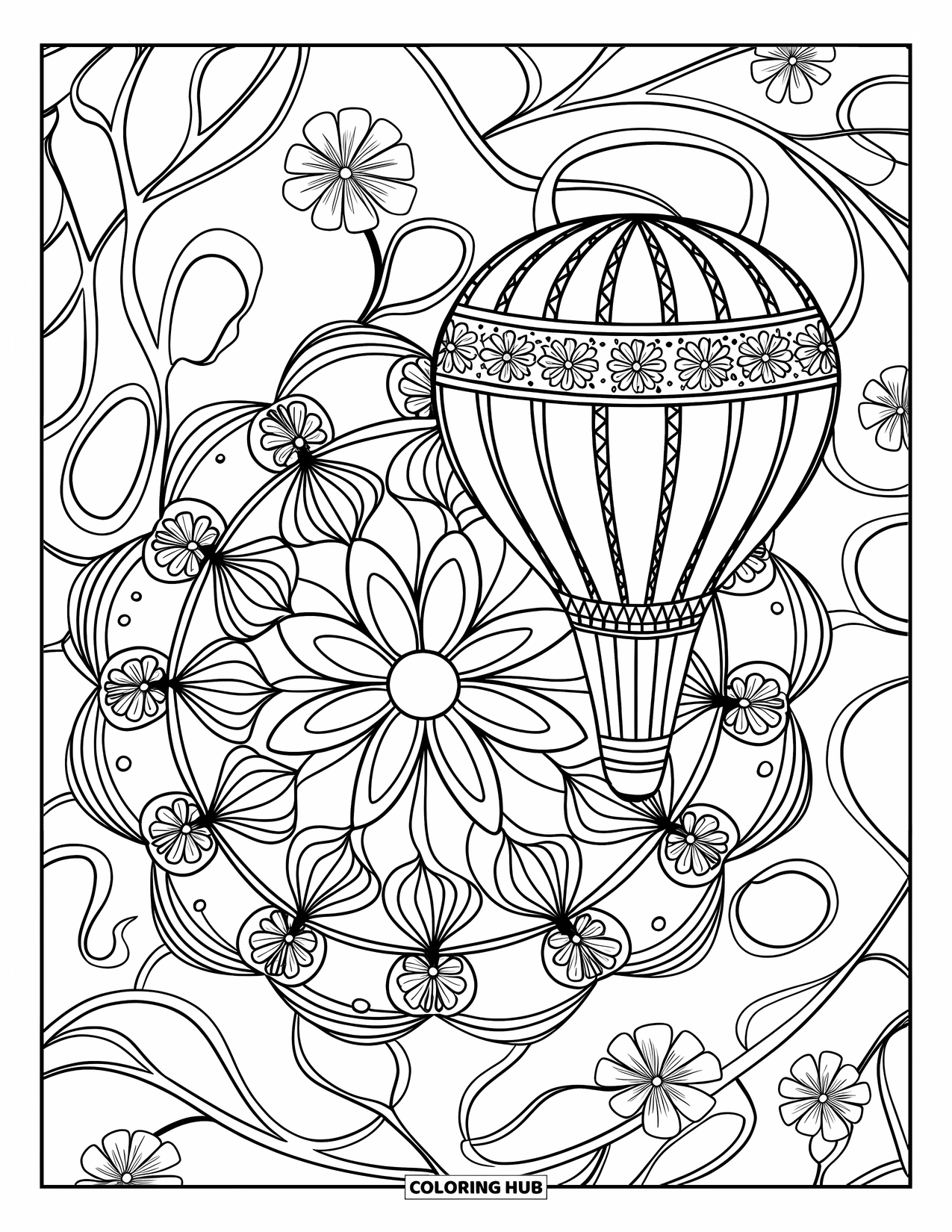 Travel Coloring Page for Adults: A balloon floats among swirling flowers and vines in a large botanical mandala