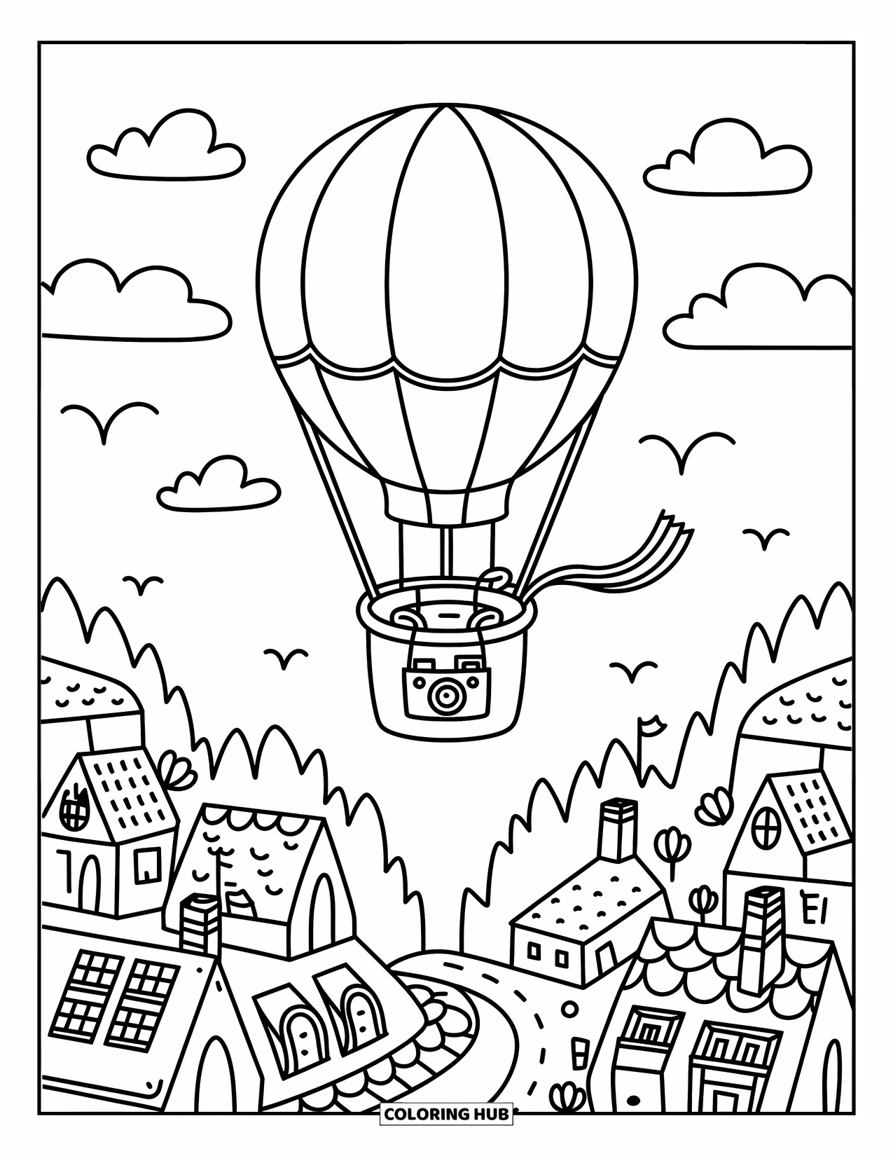 Travel Coloring Page for Adults: A cheerful balloon drifts above a storybook town and winding cobbled streets