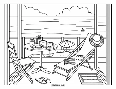 Coloriage de voyage pour adultes : Un balcon douillet surplombe l'océan avec des toasts, du thé et un grand chapeau de paille
