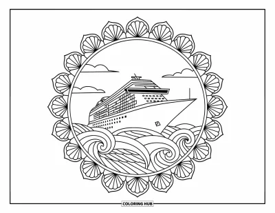 Coloriage de voyage pour adultes : Un paquebot vogue à travers des vagues stylisées bordées de mandalas de coquillages