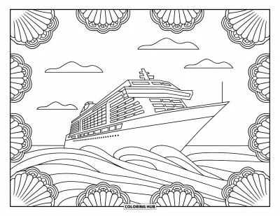 Coloriage de voyage pour adultes : Un paquebot glisse sur les vagues dans un cadre de motifs de mandalas de coquillages