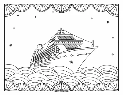 Coloriage de voyage pour adultes : Un paquebot navigue sur des vagues aux motifs artistiques, bordé de mandalas de coquillages