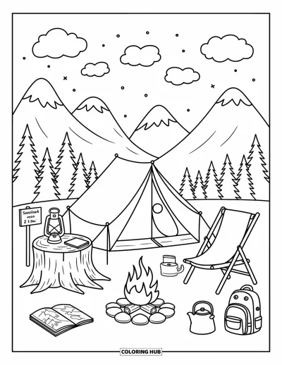 Coloriage de voyage pour adultes : Un joli campement avec une lanterne, une bouilloire chaude et un panneau de sentier près de pentes boisées