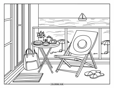 Coloriage de voyage pour adultes : Un joli balcon au bord de la mer avec un petit-déjeuner, un sac de plage et des chaussons près d'un transat