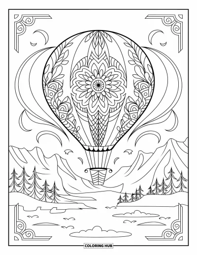 Coloriage de voyage pour adultes : Une montgolfière survole des montagnes dans un mandala botanique aux courbes élégantes