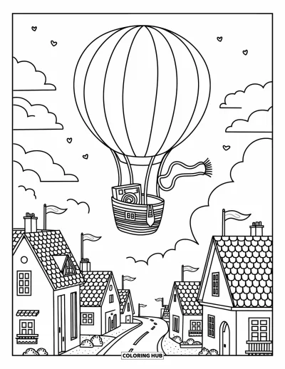 Coloriage de voyage pour adultes : Une montgolfière survole un village de toits, de drapeaux et de routes sinueuses