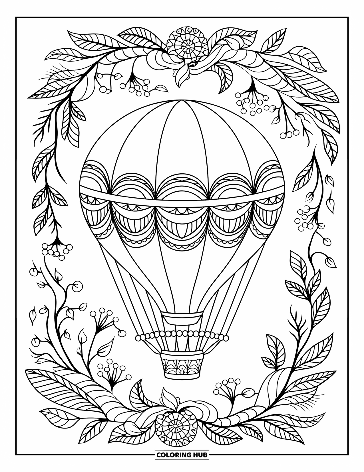 Travel Coloring Page for Adults: A hot air balloon rises inside a detailed floral and leafy mandala