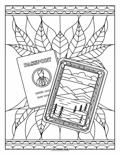Coloriage de voyage pour adultes : Un passeport et un carnet de voyage apparaissent avec des vitraux floraux et des motifs de photos de paysages
