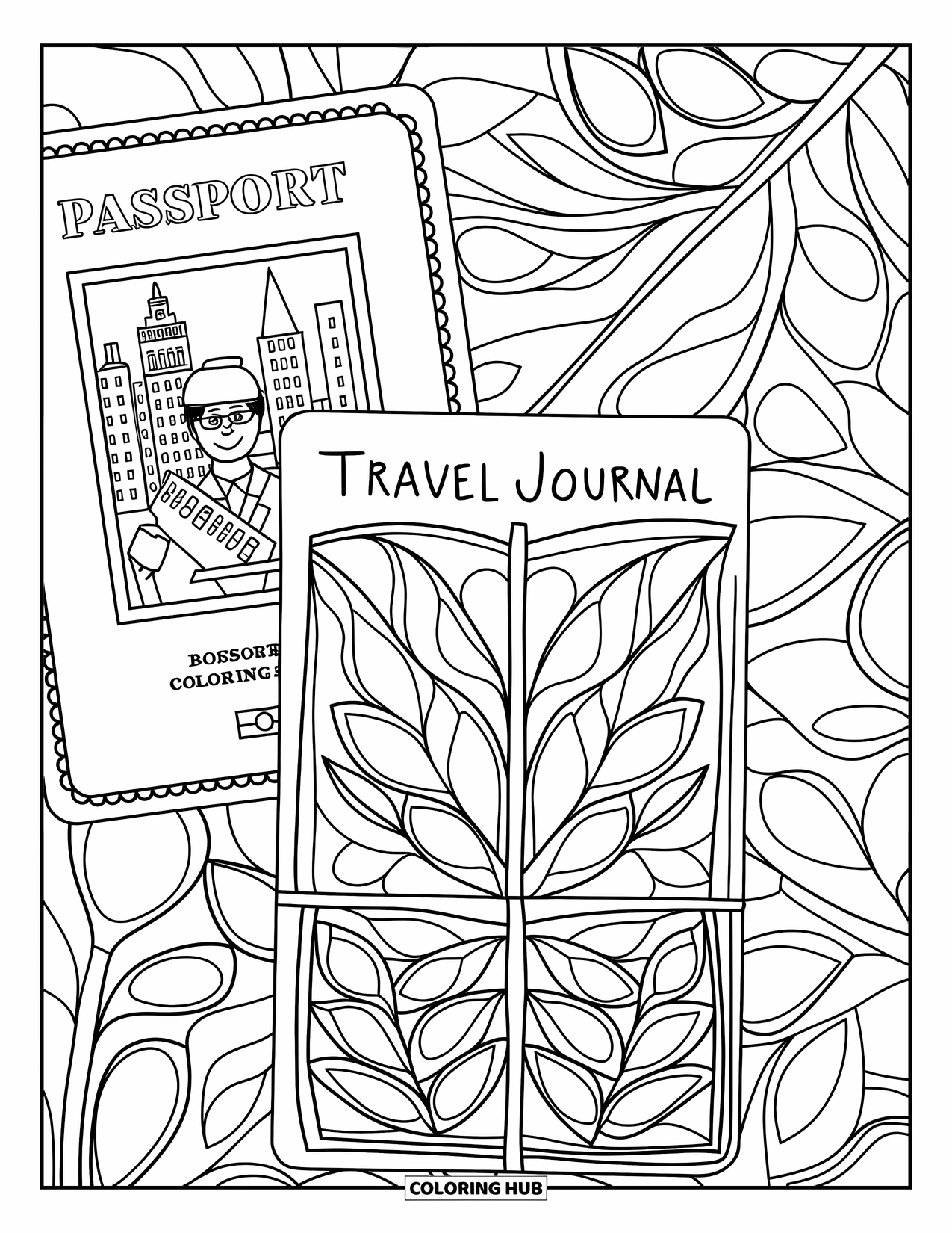 Travel Coloring Page for Adults: A passport and journal rest inside a leafy stained glass frame