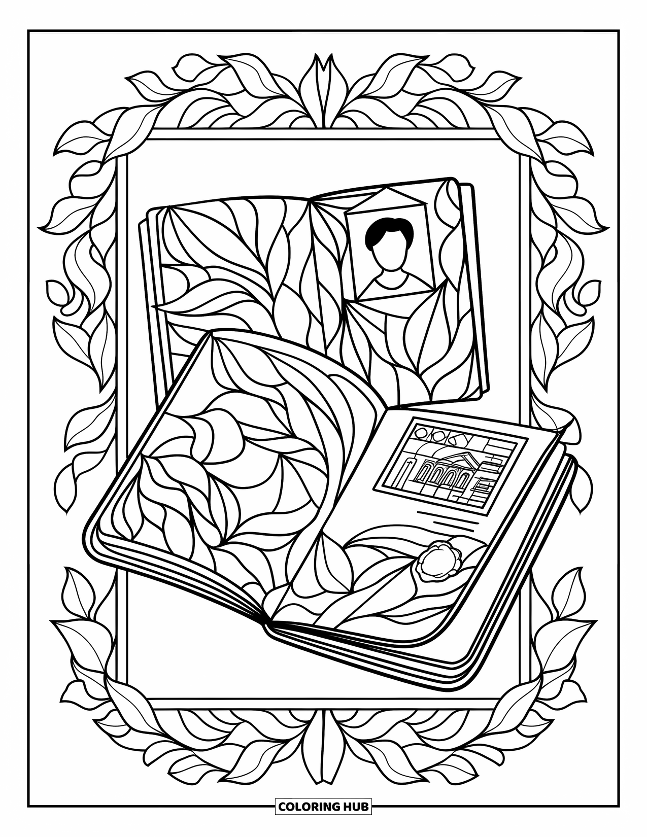 Travel Coloring Page for Adults: A passport and travel journal sit inside stained glass leaf and petal patterns