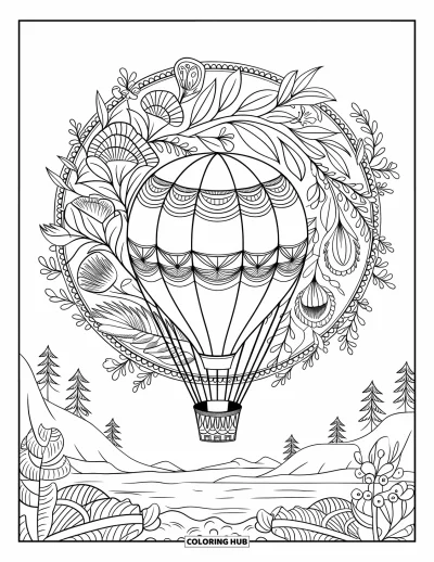 Coloriage de voyage pour adultes : Une montgolfière aux motifs variés dérive dans un mandala de feuilles et de fleurs