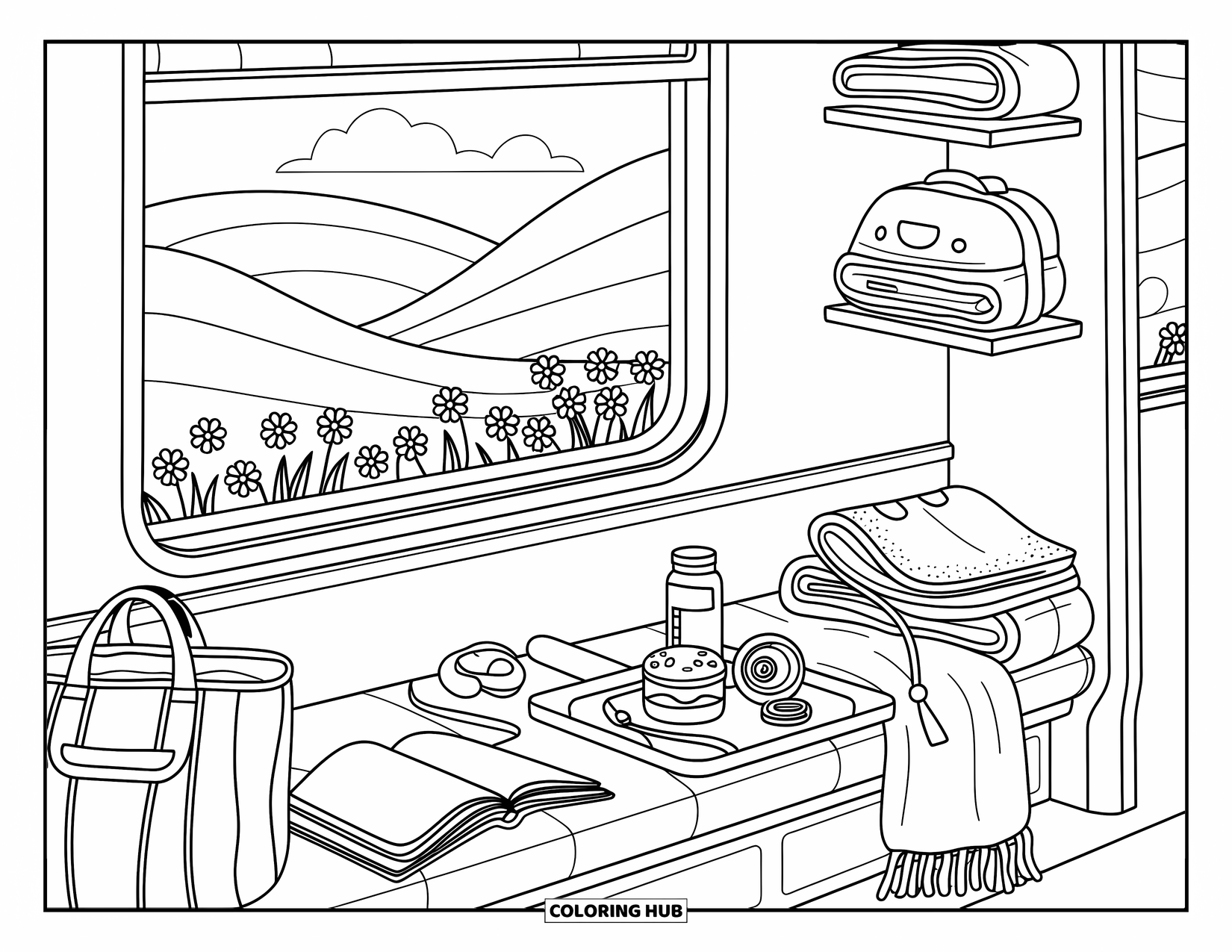 Travel Coloring Page for Adults: A peaceful train ride with a cozy seat, snacks, and flower fields outside the window