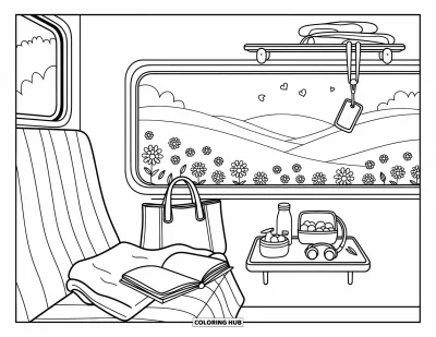 Coloriage de voyage pour adultes : Un coin tranquille dans le train avec un bento, une couverture et le paysage qui défile doucement