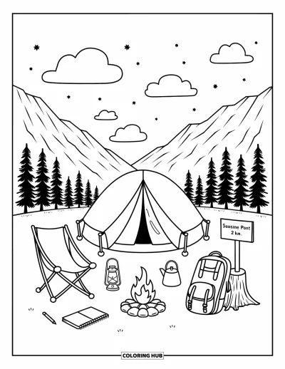 Coloriage de voyage pour adultes : Une tente ronde, un feu de camp et un panneau de sentier invitent à une paisible aventure en plein air