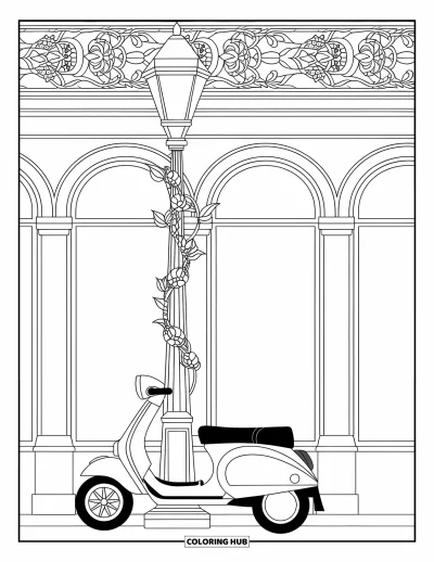 Coloriage de voyage pour adultes : Un scooter et un réverbère se dressent près d'un bâtiment orné de vignes florales en vitrail