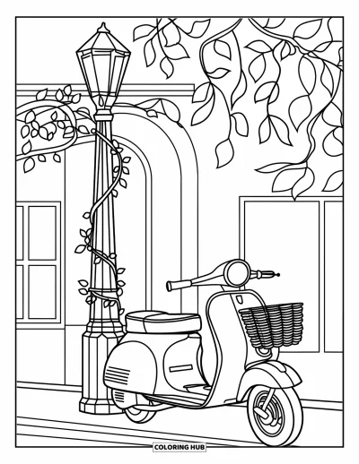 Coloriage de voyage pour adultes : Un scooter est garé près d'un réverbère avec des vignes en vitrail qui s'enroulent autour