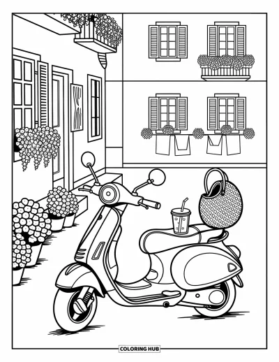 Coloriage de voyage pour adultes : Un scooter est garé sur un chemin pavé à côté d'une table de café et de plantes en pot