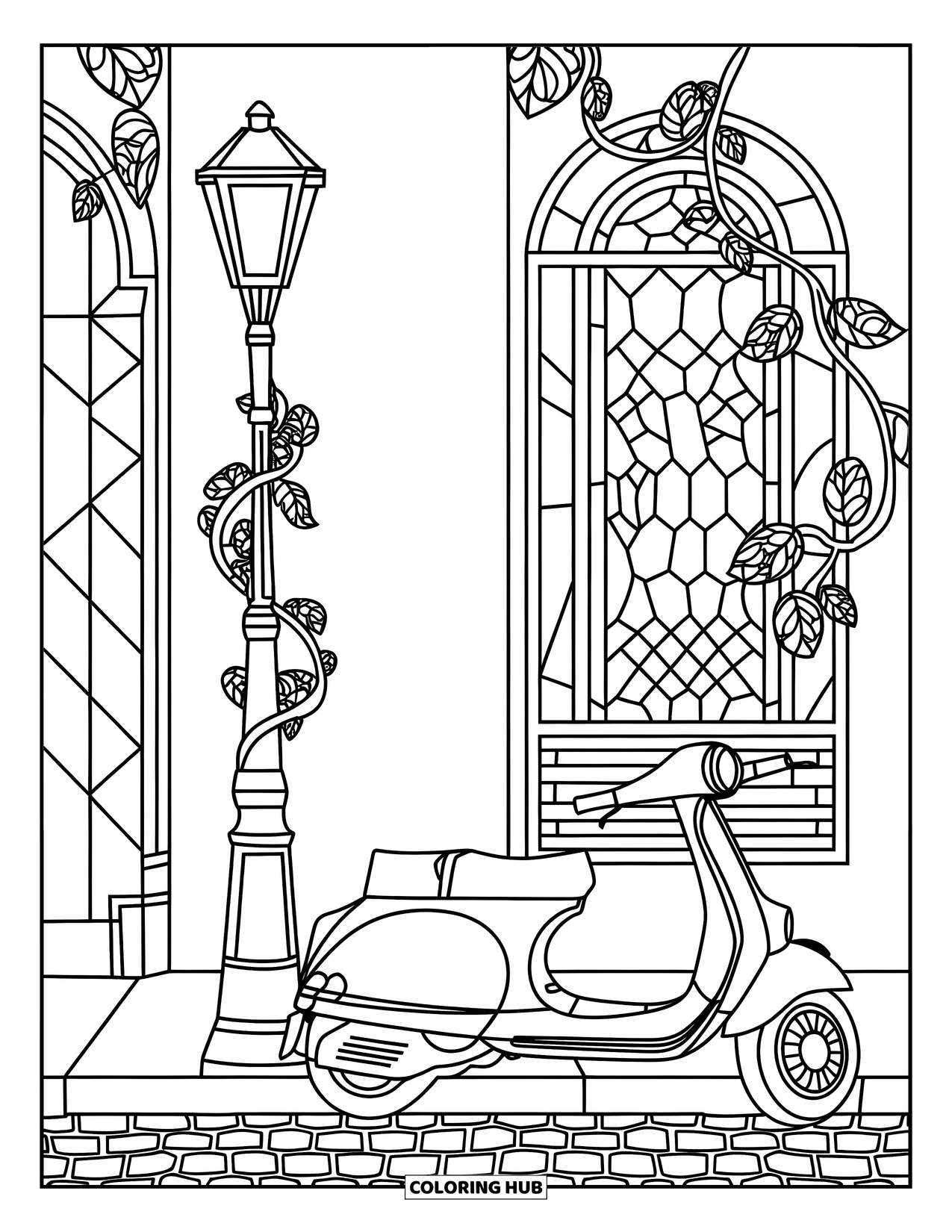 Travel Coloring Page for Adults: A scooter rests on cobblestones near a lamppost wrapped in stained glass vines