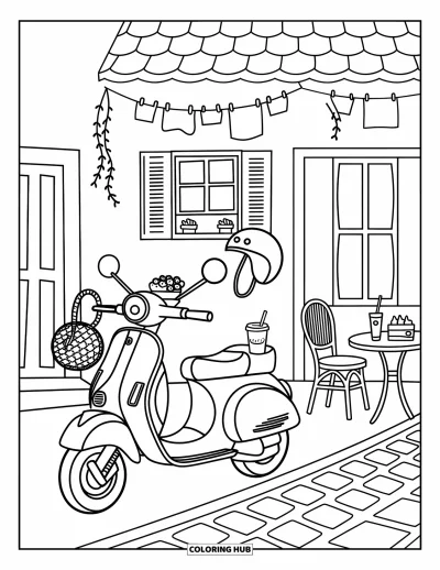 Coloriage de voyage pour adultes : Une scène de scooter avec des plantes, un gâteau et l'atmosphère d'un café en terrasse