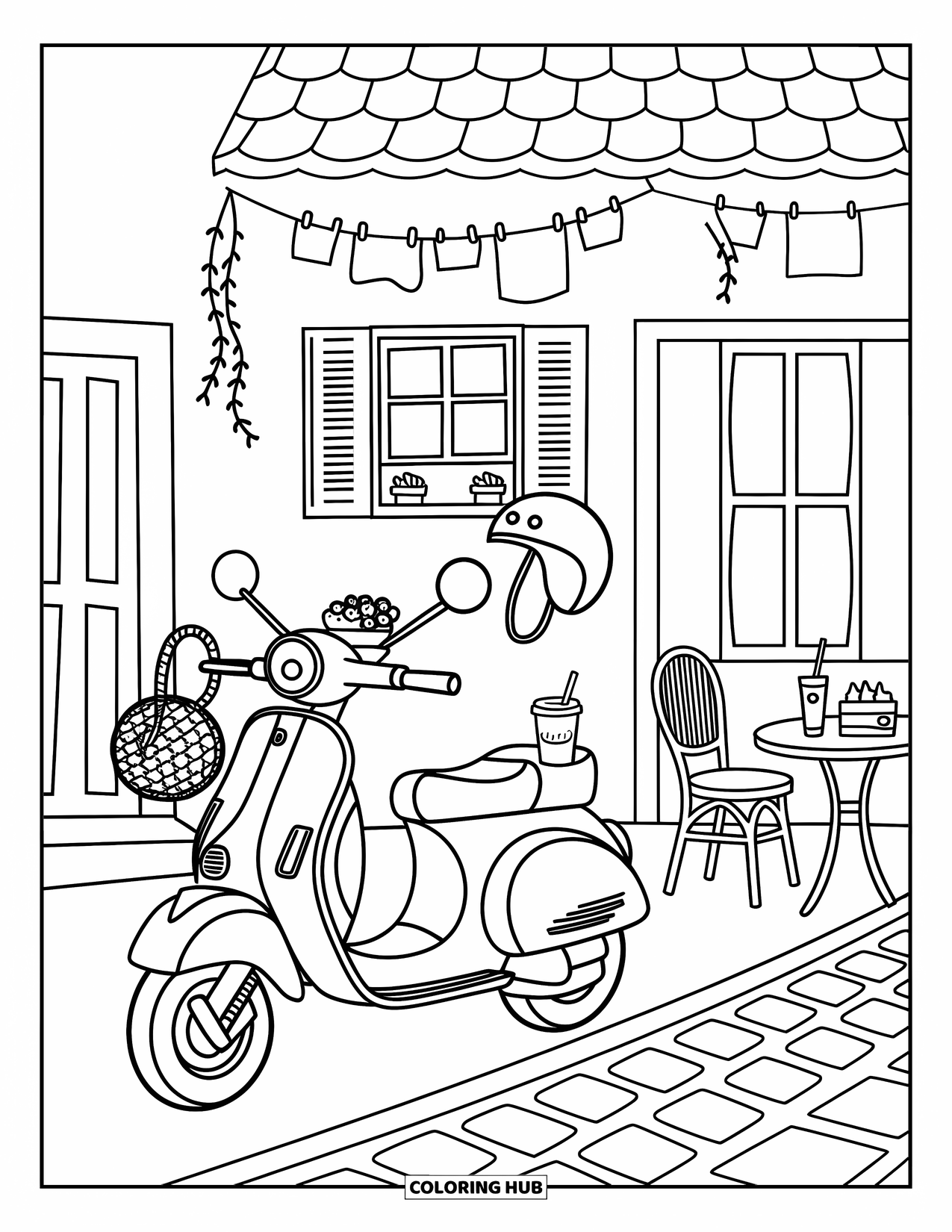 Travel Coloring Page for Adults: A scooter scene with plants, cake, and a cozy outdoor cafe vibe