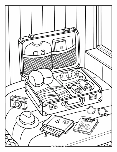 Coloriage de voyage pour adultes : Une valise remplie de vêtements, de lunettes de soleil et d'un carnet de voyage attend dans une chambre ensoleillée