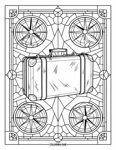 Coloriage de voyage pour adultes : Une valise rayée et cabossée avec une poignée cassée dans des motifs de vitrail en forme de boussole