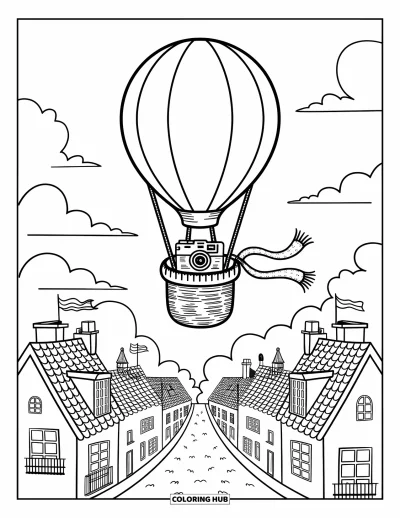 Coloriage de voyage pour adultes : Une grande montgolfière flotte au-dessus de minuscules toits et d'arbres avec une écharpe qui volette depuis la nacelle