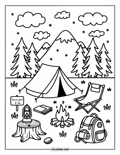 Coloriage de voyage pour adultes : Un petit campement avec un feu chaleureux, un panneau de sentier et des étoiles de montagne au-dessus