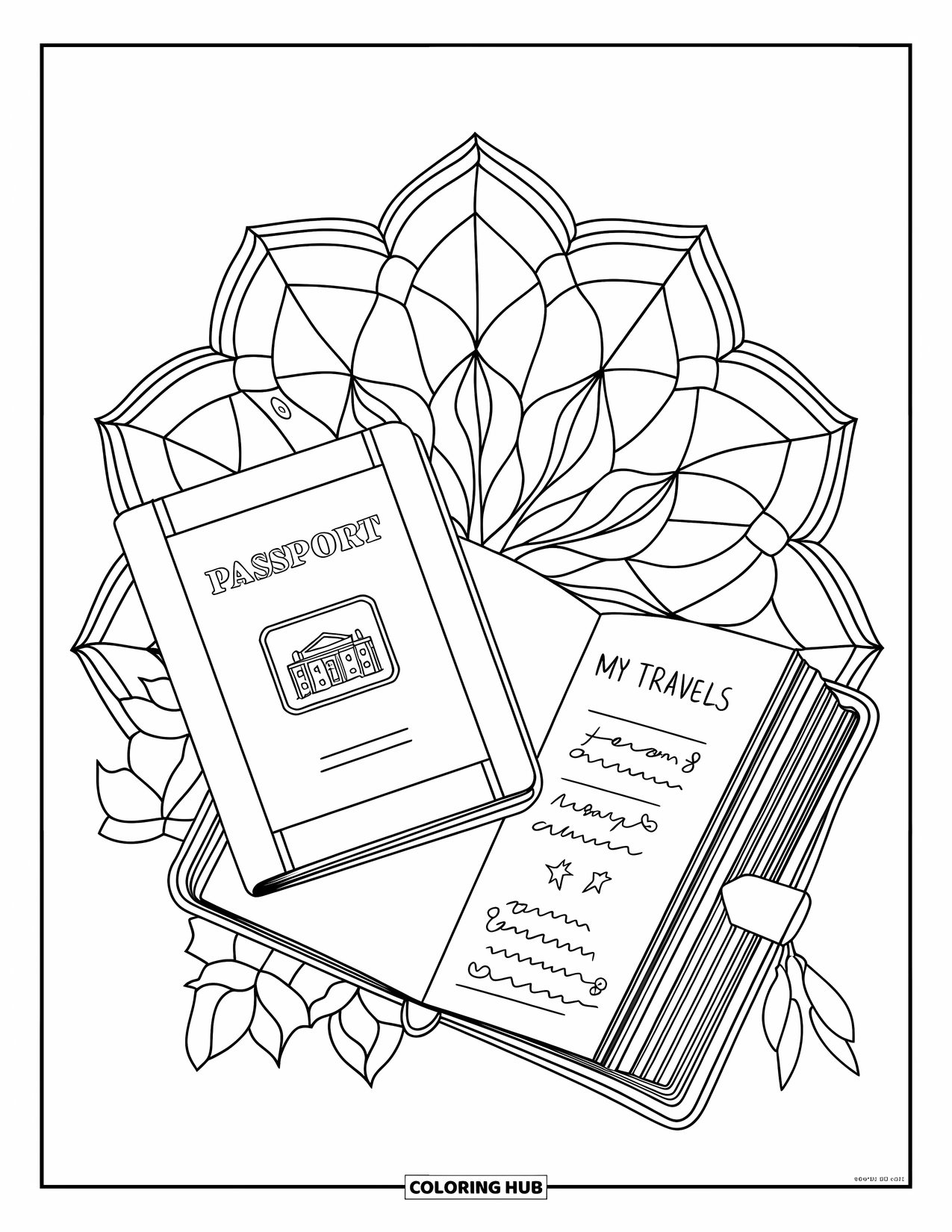 Travel Coloring Page for Adults: A travel journal and passport with stamped pages framed by floral stained glass