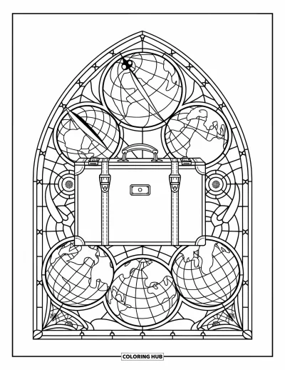 Coloriage de voyage pour adultes : Une valise vintage apparaît au centre de motifs en vitrail représentant des globes et des boussoles