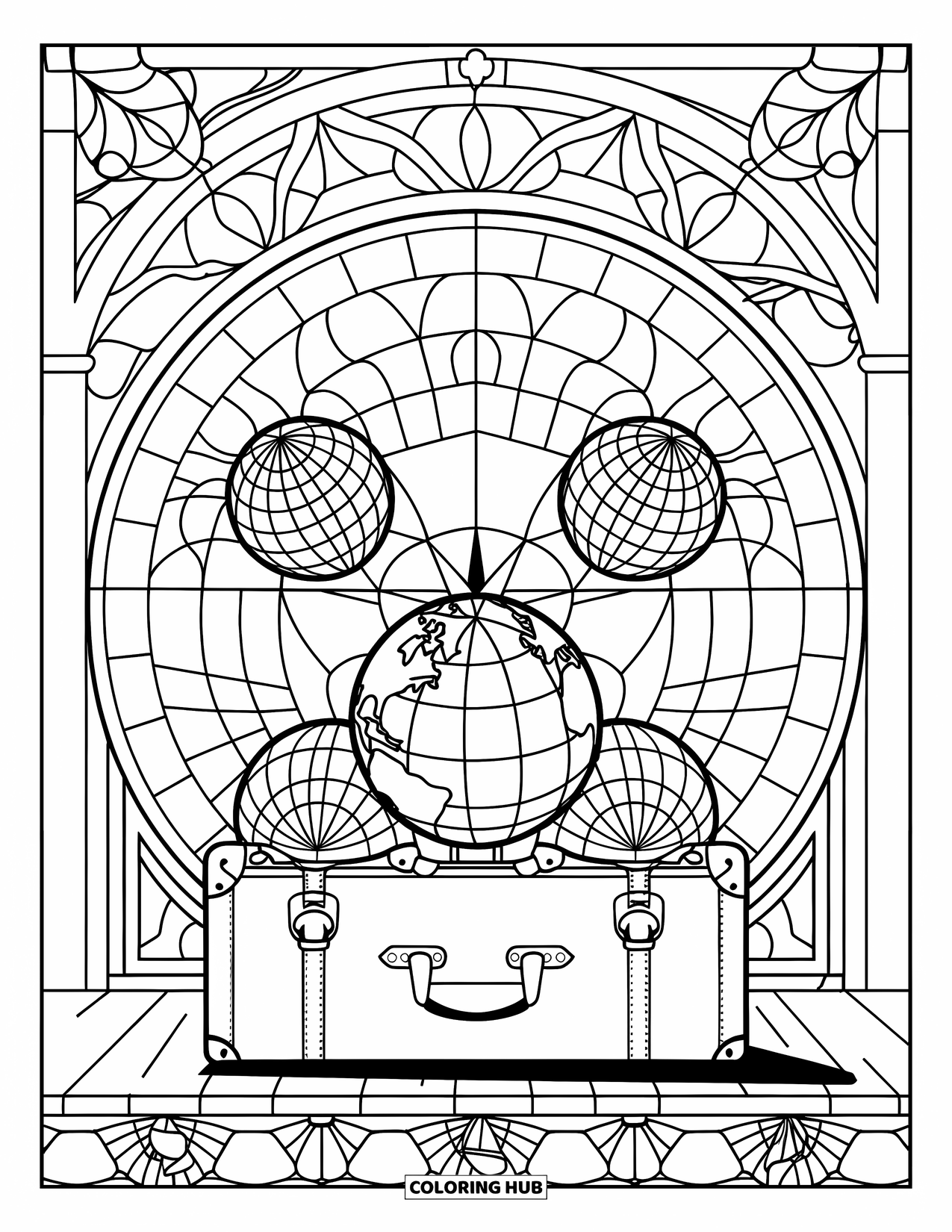 Travel Coloring Page for Adults: A vintage suitcase sits on wood, framed by stained glass globes and compasses
