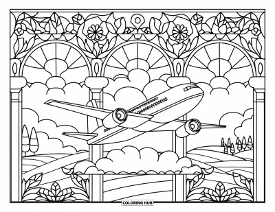 Coloriage de voyage pour adultes : Un avion flotte au-dessus de nuages et de collines dans des motifs de vitraux floraux